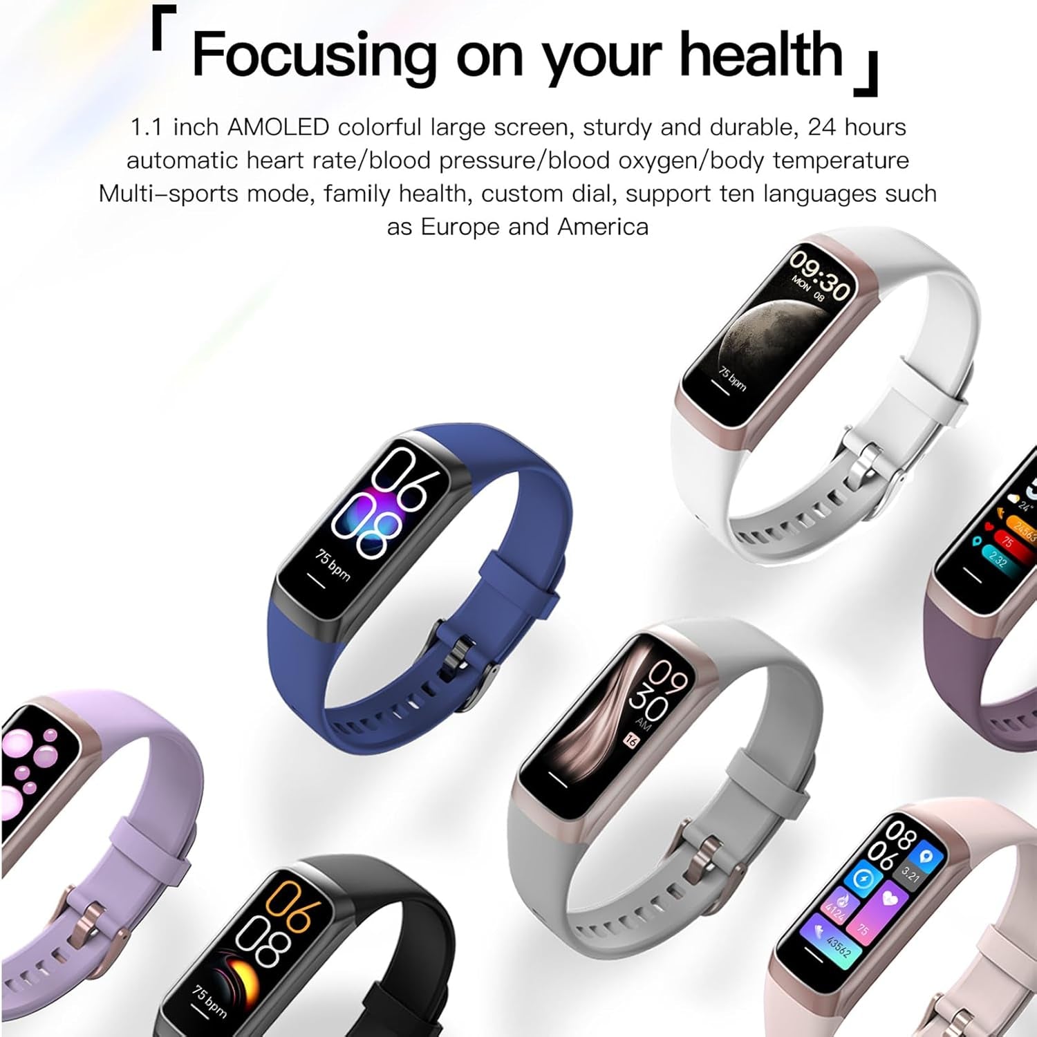 AMOLED Fitness Tracker for Women & Men – Heart Rate & Blood Pressure Monitor, Step Counter, 25 Sports Modes