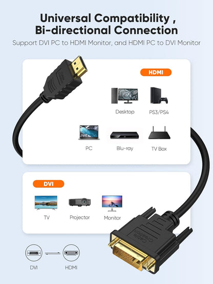 10ft HDMI to DVI-D Cable – Bi-Directional 1080P HD Video Adapter for PC, TV & Projector