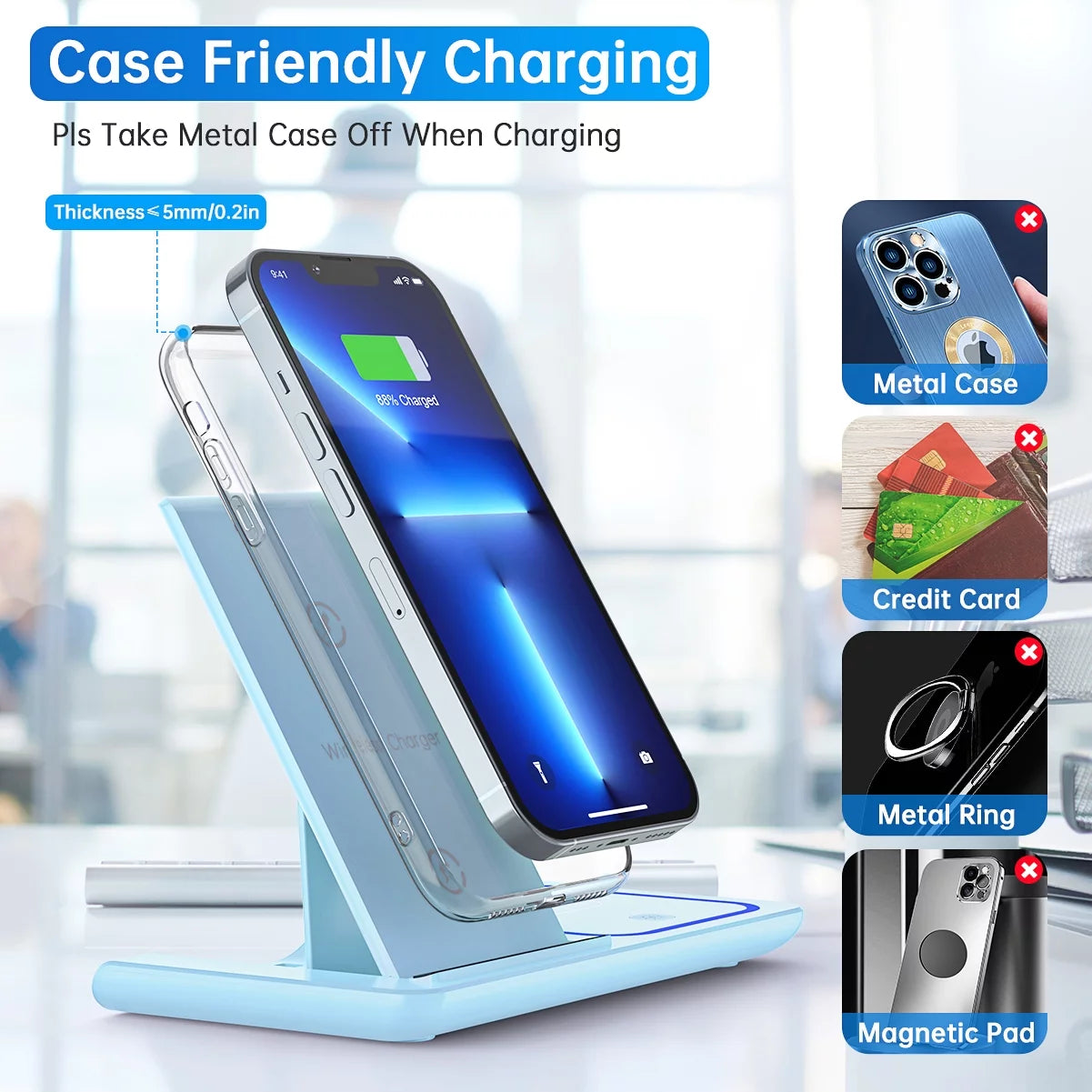 Cshiworld 18W 3-in-1 Wireless Charger – iPhone, Apple Watch & AirPods Charging Station (Blue)