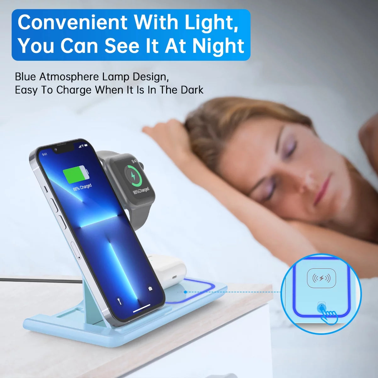 Cshiworld 18W 3-in-1 Wireless Charger – iPhone, Apple Watch & AirPods Charging Station (Blue)